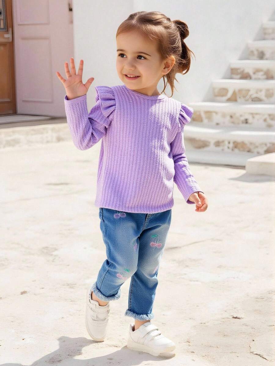 SHEIN Playful Pals 2件組少女時尚可愛櫻桃刺繡長袖T恤與水洗牛仔褲套裝,適合休閒、上學、度假、秋季 - 紫色 - 查看 1