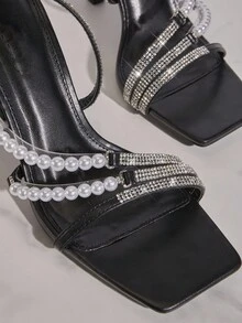 SHUZIA Women Fashionable High-Heel Sandals With Pearl & Rhinestone Decorated Straps And Peep Toe - Black - View 3