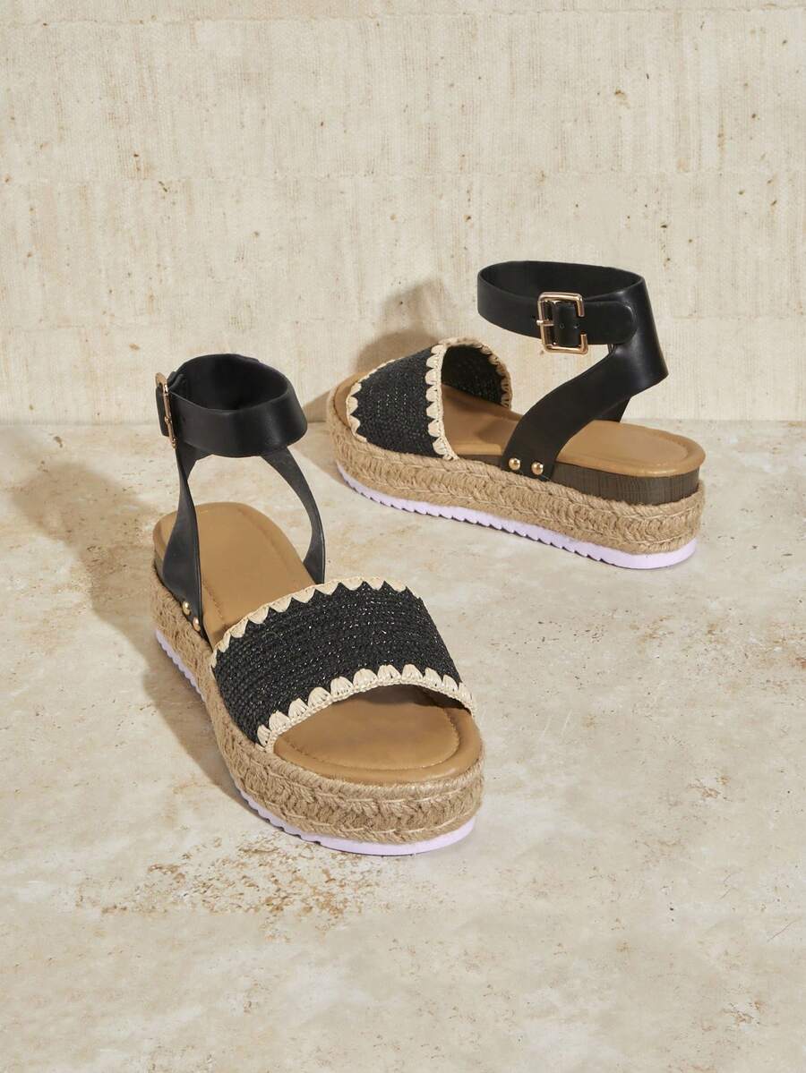 VACAZURE Women Woven Platform Wedge Sandals With Thick Bottom, Great For Holiday Style - Black - View 1