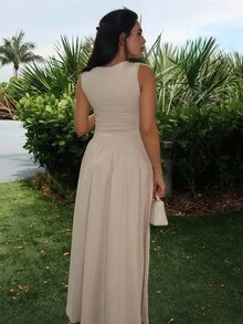 Durrani Popal Women Solid Round Neck Sleeveless Ruched Long Dress With Waist Belt - Apricot - View 2