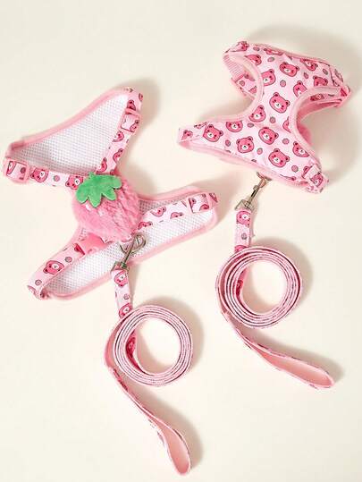 PETSIN Cute Pink Strawberry & Bear Pattern Printed Pet Dog Cat Harness & Leash Set, Suitable For Dogs And Cats