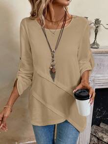 EMERY ROSE Women's White Asymmetrical Hem Round Neck Blouse - Khaki - View 4