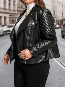 SHEIN Clasi Plus Size Women's Elegant Black Jacket With Metal Zipper And Button Decoration, Suitable For Autumn And Winter Black Jacket - Black - View 5