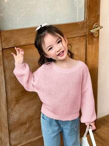 SHEIN Leap Crew 年轻女孩撞色蝴蝶结套头休闲毛衣 - 粉色 - 查看 7