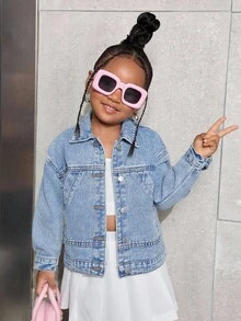 SHEIN Young Girl' Y2K Blue Denim Lapel Long Sleeve Jacket,Fall Kid's  Casual And Comfortable  Wear,Winter Clothes  ,Casual And Fashionable Vacation Outfits - Light Wash - View 6