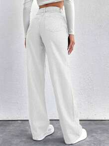 SHEIN Cottnline Solid Color Pocket Casual Versatile Wide Leg Jeans Day Time Blue Summer - White - View 2