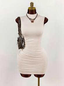 Amplova 女式新款纯色立领PU迷你连衣裙 - 杏色 - 查看 4