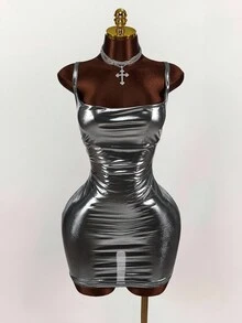 Amplova Women's Cowl Neck Silver Bodycon Mini Dress With Hip Package Design,Summer DressesSpring Clothes - Silver - View 1