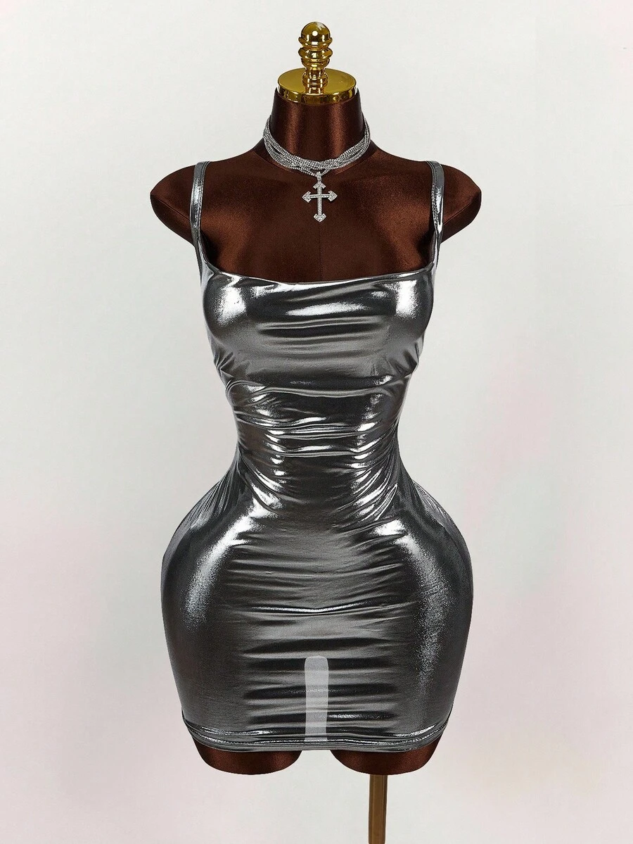 Amplova Women's Cowl Neck Silver Bodycon Mini Dress With Hip Package Design,Summer DressesSpring Clothes - Silver - View 1