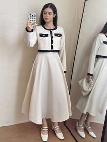 SHEIN 少女优雅梭织长袖夹克和可调节 A 字形吊带裙套装，秋冬 - 杏色 - 查看 3