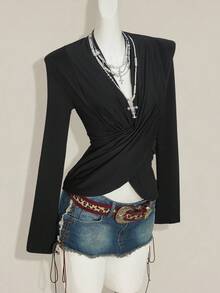 SHEIN ICON Women's Black Deep Draped Neck Criss-Cross Ruffle Trim Long Sleeve Sexy Slim Fit Blouse, Spring/Summer - Black - View 6