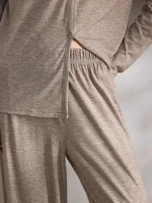 Ocili Minimalist Soft Comfort Women Homewear Lounge Set, Collarless Elegant Casual, Fall Winter Clothes, Cozy Outfits - Khaki - View 6