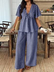 EMERY ROSE Plus Size Plaid Shirt And Pants 2 Pieces Set, Casual Holiday Outfit - Navy Blue - View 3