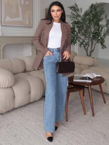 Durrani Popal Solid Color Loose Fit Wide Leg Long Denim Pants - Medium Wash - View 6