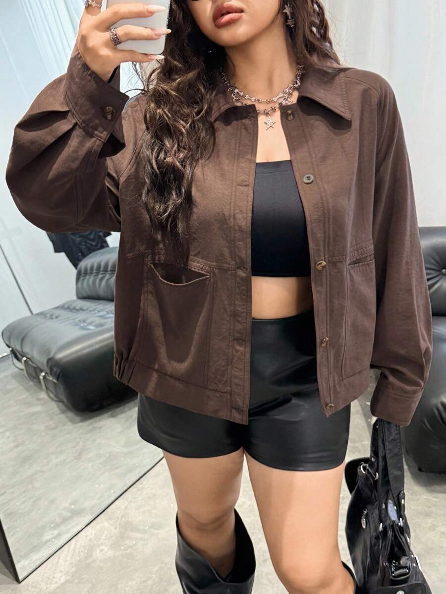 SHEIN EZwear 大码女式纯色插肩袖单排扣双口袋夹克 - 咖啡棕 - 查看 1