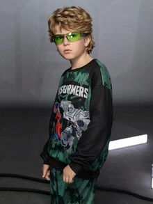 Transformers X SHEIN Tween Boy 休闲时尚街头迷彩机器人字母图案卫衣和运动裤套装，春秋季 - 彩色 - 查看 5