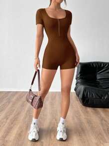 SHEIN EZwear 女款夏季純色半門襟短袖彈性連身褲 - 棕色 - 查看 4