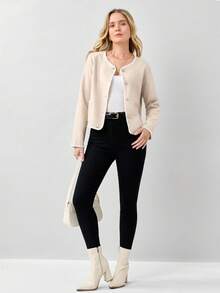 Miaspire Women's Casual Contrast Stitch Trim Patchwork Pocket Single-Breasted Jacket - Apricot - View 4