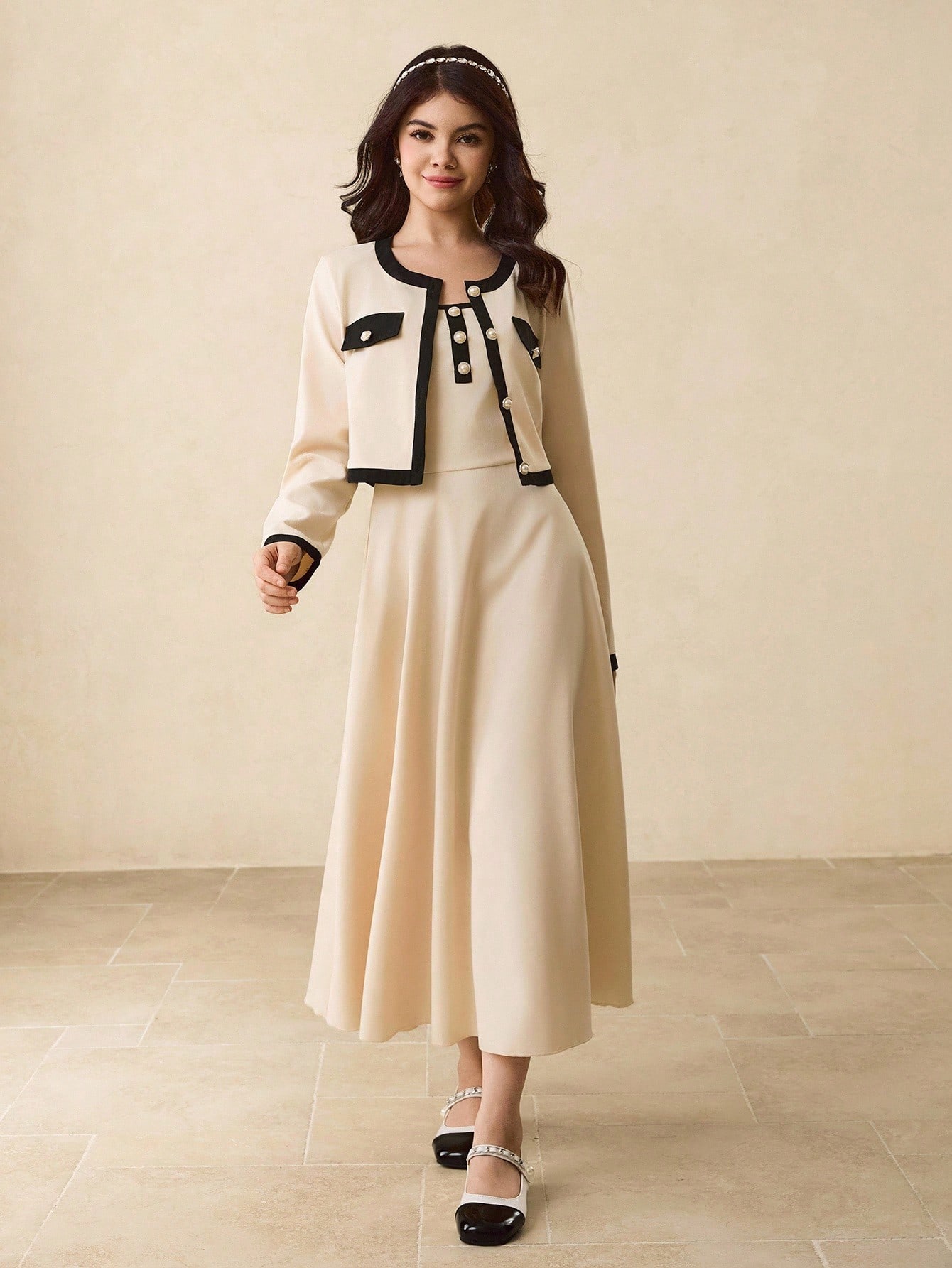 جاكيت كارديجان بياقة مستديرة وأكمام طويلة + فستان...