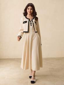 Teen Girl Round Neck Long Sleeve Cardigan Jacket + Spaghetti Strap Dress, Elegant Outfit For Party, Gathering, Back To School Fall Winter