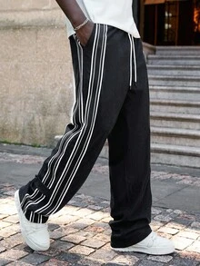 Claim Dot Pantalones casuales de pana de pierna recta para hombres con diseño de doble raya, estilo retro americano adecuado para uso diario, cierre con botón, para otoño - Negro - Ver 5