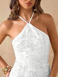 SHEIN BAE Vestido mini con tirantes de espagueti, sin espalda, con textura y lentejuelas de unicolor para primavera/verano, vestido de tirantes con estampado floral con cuentas y lentejuelas para vacaciones y playa, vestido maxi sin espalda de color rosa - Blanco - Ver 7