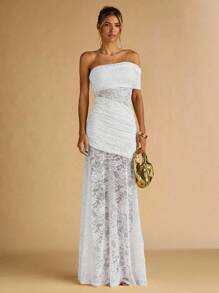 SHEIN BAE Women's Floral Lace Ruffle Asymmetric Hem Elegant Dress,Prom Dress,Fall Wedding Guest Dress - White - View 3