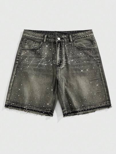 Street Life Pantaloncini di jeans casual larghi con grafica di lettere consumate e tasche per uomo