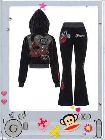 Paul Frank X ROMWE 2 pièces Ensemble de sweat-shirt à capuche et pantalon de jogging en velours avec logo Spicy Girl strass Subculture Y2K