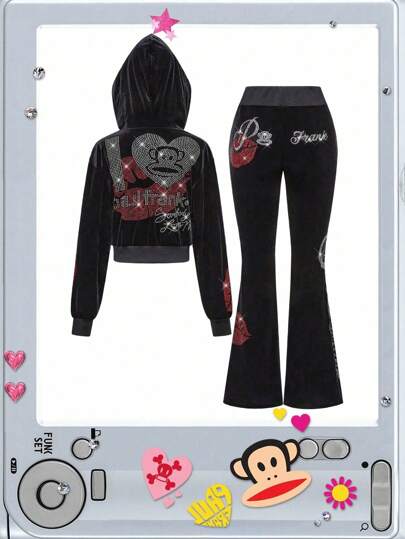 Paul Frank X ROMWE 2pcs Y2K Subculture Spicy Girl Logo Rhinestone Velvet Hoodie & Sweatpants Set