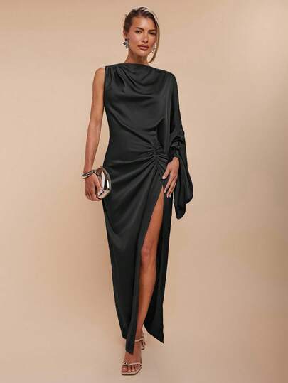 COSMINA Women's Solid Color Pleated Asymmetric Long Sleeve Side Slit Dress, Elegant,Elegant Dresses For Women,Prom Dress,Fall Wedding Guest Dress