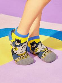 BATMAN X SHEIN 3 双棉质柔软透气吸湿排汗男童儿童短袜蓝色可爱卡通踝袜加固脚趾和脚跟，经久耐用，四季百搭，适合学校和户外