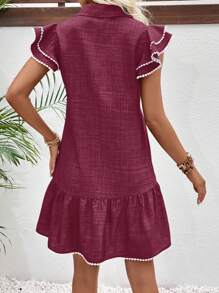 EMERY ROSE Women's Vacation V-Neck Cap Sleeve Ruffle Hem Casual Dress - Burgundy - View 2