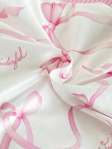 Newborn Baby Girls/Boys Elegant & Soft White Milk Silk Fabric Cute Bow Print Collar Ruffle Trim Long Sleeve Romper + Ruffle Trim Swaddle Blanket + Bow Headband 3-Piece Outfit Set - Pink - View 3