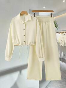 GlowEve Women's Casual Long Sleeve Shirt + High Waist Slim Fit Pants 2 Pieces Set Fall Cloth For Women - Apricot - View 1