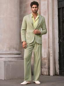 Manfinity VCAY Bộ vest nam cổ chữ V màu trơn dệt kim thường ngày, bộ màu xanh lá cây chanh bạc hà, phong cách Old Money - Màu xanh Ô liu - Xem 5