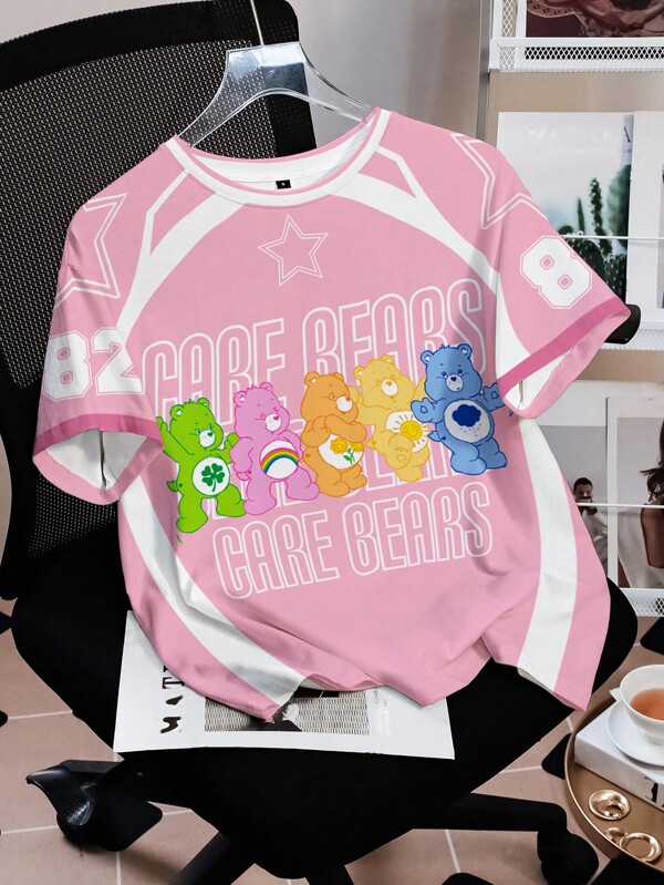 SHEIN X Care Bears Women's Casual Everyday Street Sporty Cute Cartoon Bear & Letter Print Short Sleeve Loose T-Shirt, Summer
