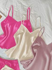 LuxeNights Bộ 3 món/Bộ trang phục phối ren lụa giả màu tương phản - Nhiều màu - Xem 6