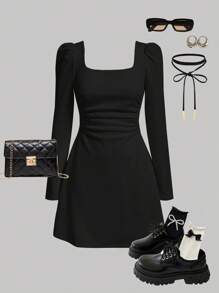 SHEIN Serisse Kids 青少年女孩优雅方领长袖 A 字形连衣裙，黑色 - 黑色 - 查看 2