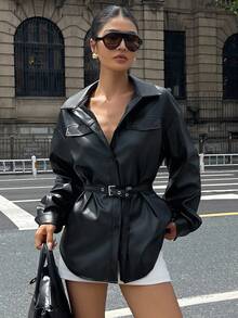 DAZY 女式休闲腰带口袋衬衫，秋季长袖上衣