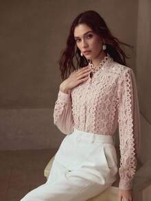 MOTF PREMIUM EMBROIDERED HOLLOW OUT BEADED MOCK NECK FITTED LONG SLEEVE BLOUSE - Pink - View 2