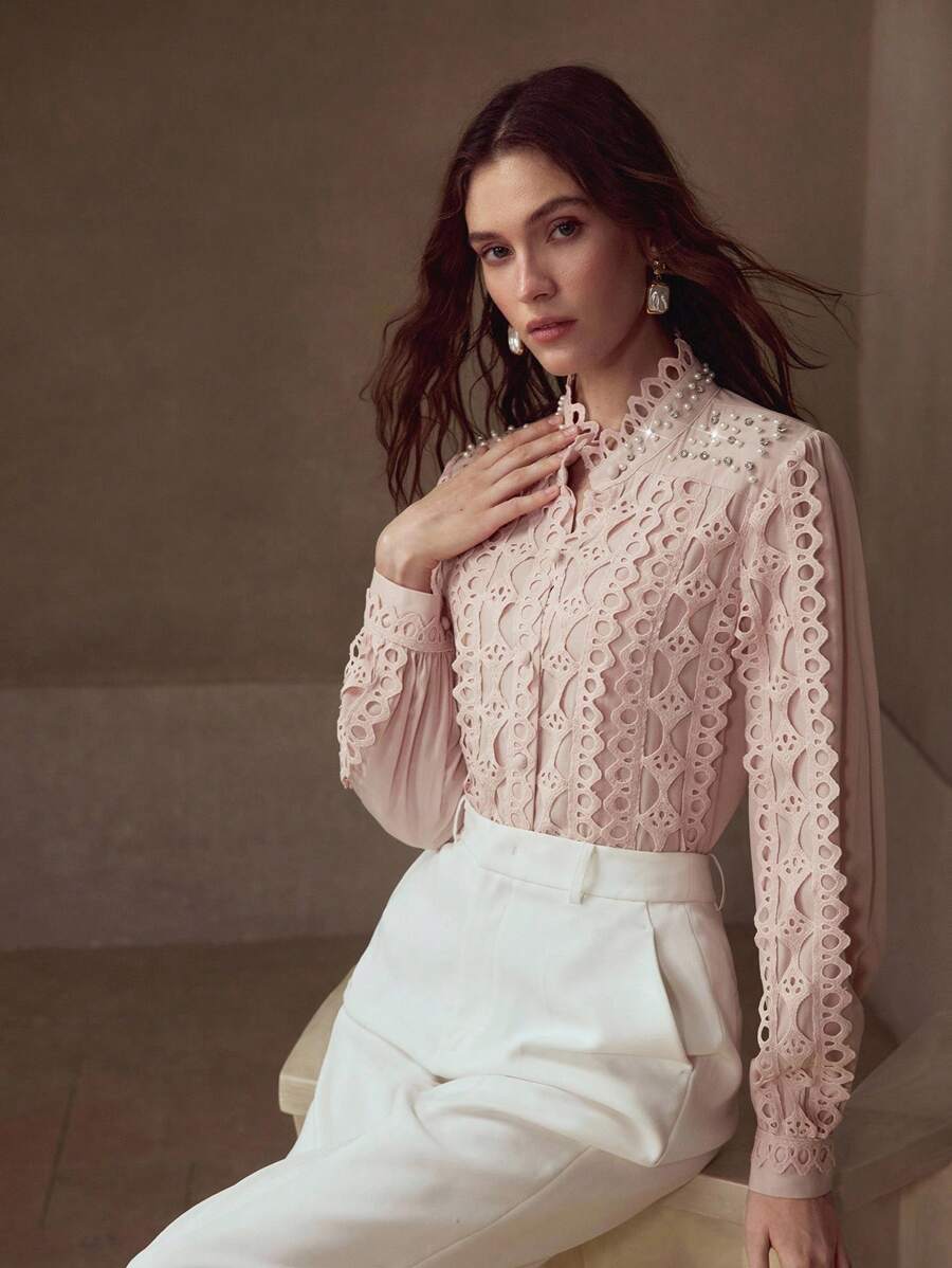 MOTF PREMIUM EMBROIDERED HOLLOW OUT BEADED MOCK NECK FITTED LONG SLEEVE BLOUSE - Pink - View 2