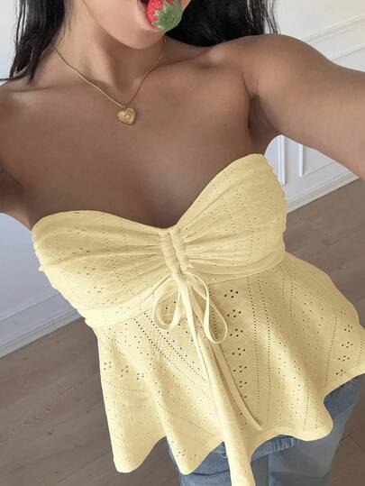 CovetEZ Áo Bandeau dệt kim màu vàng mù tạt giản dị cho mùa hè