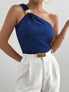 Rafferiza 女士纯色休闲优雅通勤衬衫，带金属装饰纽扣，夏季 - 藏蓝色 - 查看 4