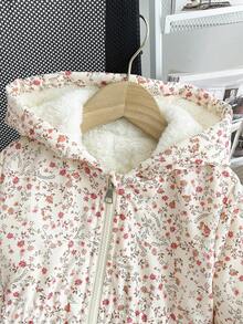 SHEIN Genkimix Kids Young Girl New Winter Padded Coat, Zipper Hooded, Apricot Ditsy Floral, Thermal Lining, Slim Fit, Waist Cinched, Pockets, Casual, Versatile, Outer Wear Fall Girl Clothes Autumn And Winter Clothes Girls Cotton Coat - Multicolor - View 5