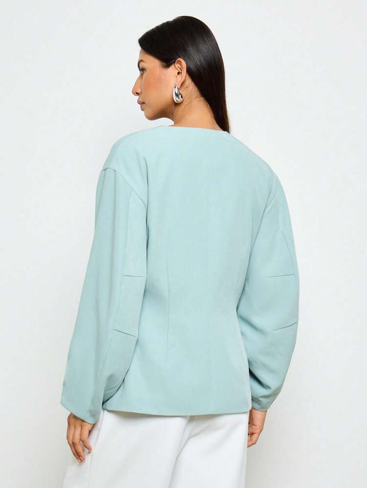 Collarless Balloon Sleeve Blazer With Side Pockets