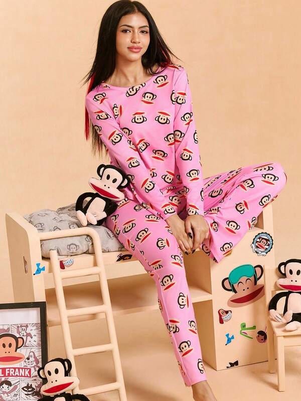 Paul Frank X SHEIN Women's Cartoon Pattern Crew Neck Long Sleeve Top And Pants Pajama Set, Fall Clothes