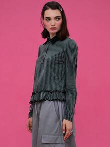 COUREZ Rugby Polo Shirt With Frill Hem /Y2K Going Out Women Cute Spring Back To School Date - Grey - View 5