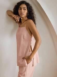 Ocili Leisure 2pcs 100% Cotton Comfortable Cami Top & Pants Pajama Sets Holiday Season Outfit - Pink - View 8