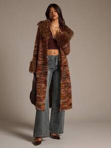 Aloruh 女式长款开衫，彩色条纹波西米亚风格外套，配有人造毛领和袖口，适合秋冬季 - 彩色 - 查看 5